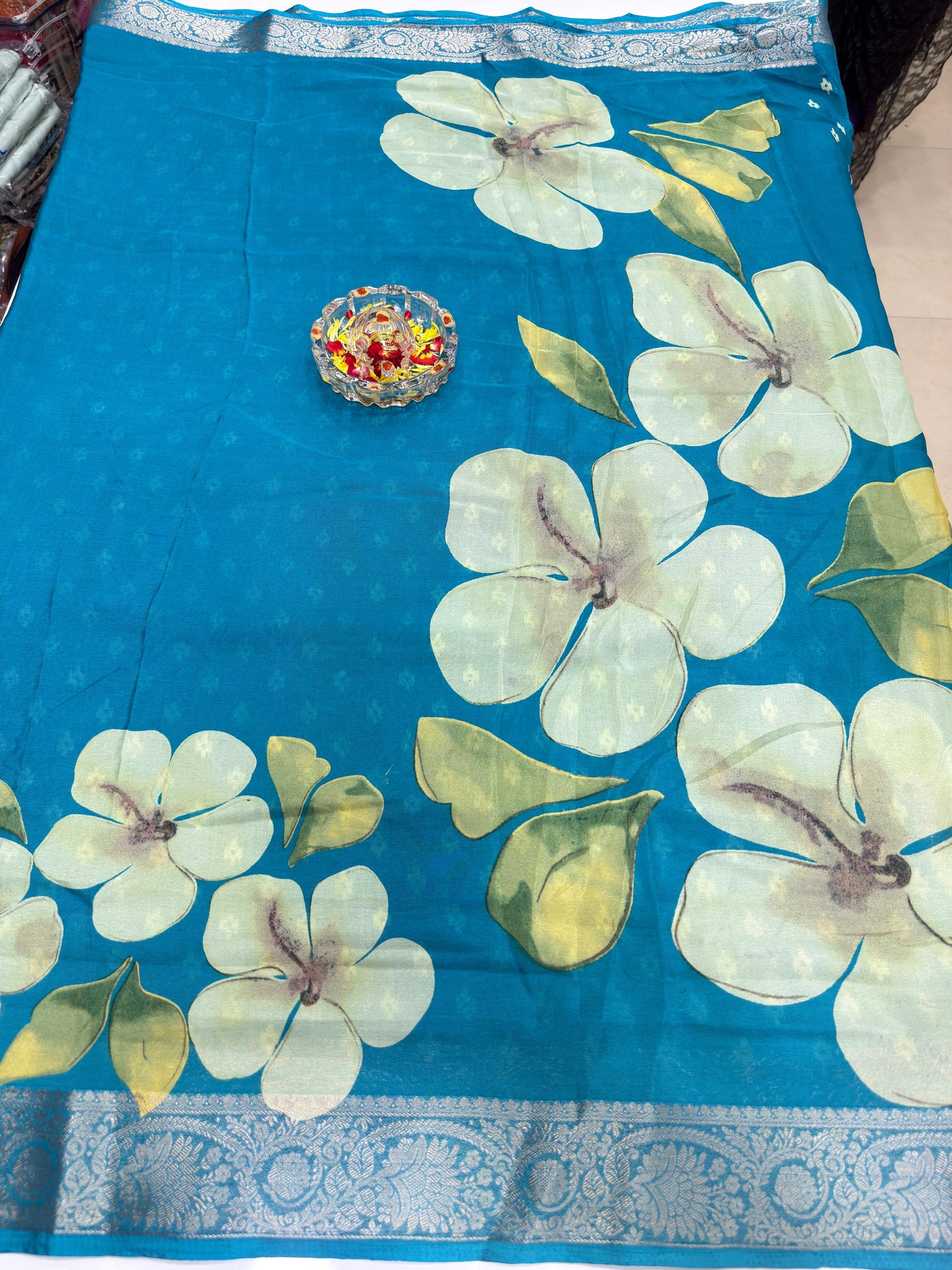Floral Printed Semi Silk Saree for Women with Woven Border and Elegant Ethnic Design