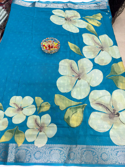 Floral Printed Semi Silk Saree for Women with Woven Border and Elegant Ethnic Design
