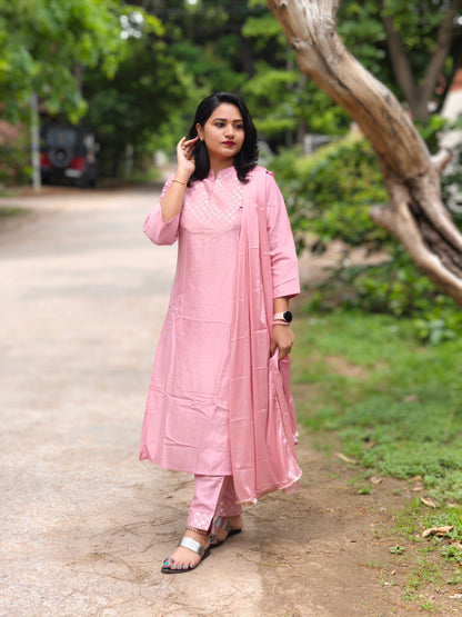 Pink Poly Silk Straight Kurta Pant Dupatta Set with Chiffon Dupatta for Women