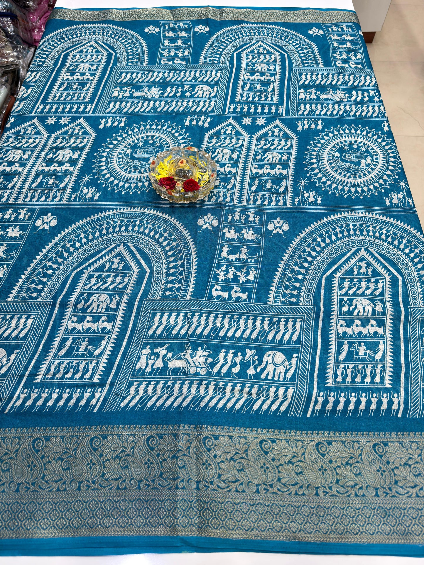 Silk Blend Saree for Women with Temple and Folk Motif Border Traditional Design
