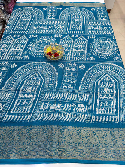 Silk Blend Saree for Women with Temple and Folk Motif Border Traditional Design
