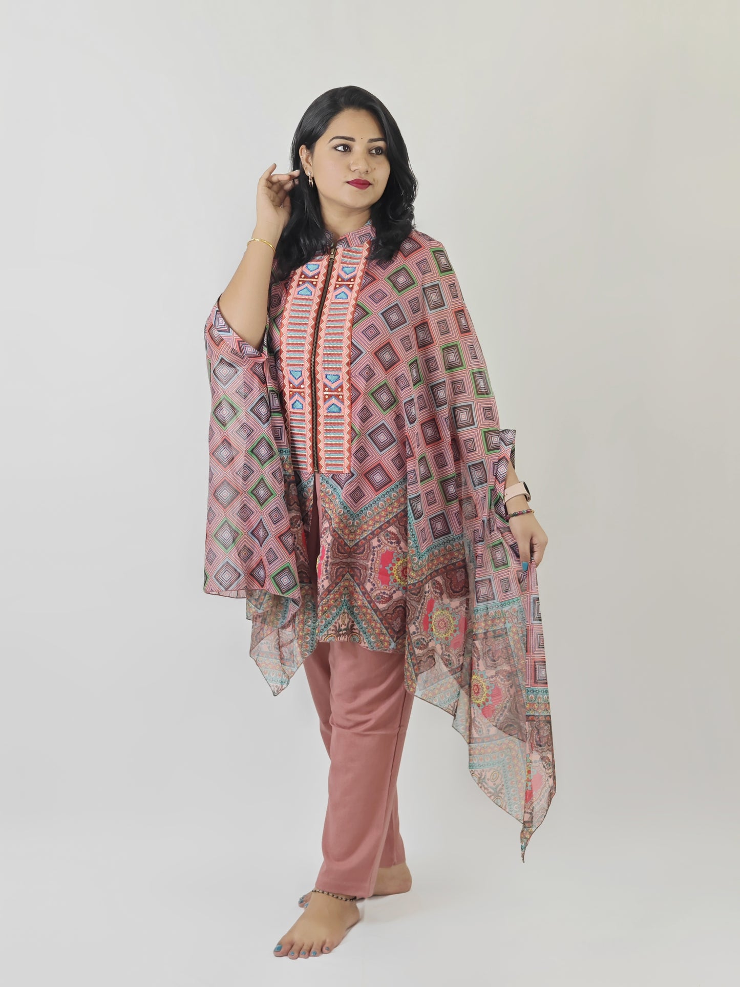 Cape-style printed chiffon top with cotton inner and linen cotton bottom – embroidered women’s festive co-ord set