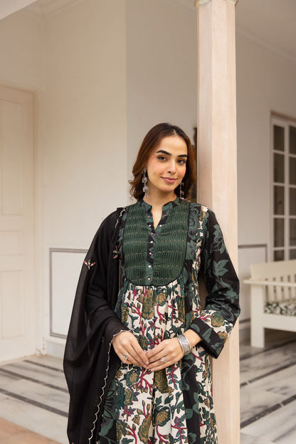 Cotton Printed Kurta Set for Women with Contrast Panels and Dupatta