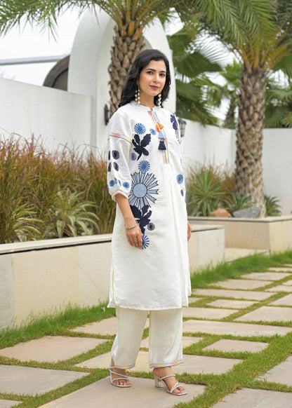 White Roman Silk Embroidered Kurta Pant Set for Women – Elegant Two-Piece Festive and Semi-Formal Outfit