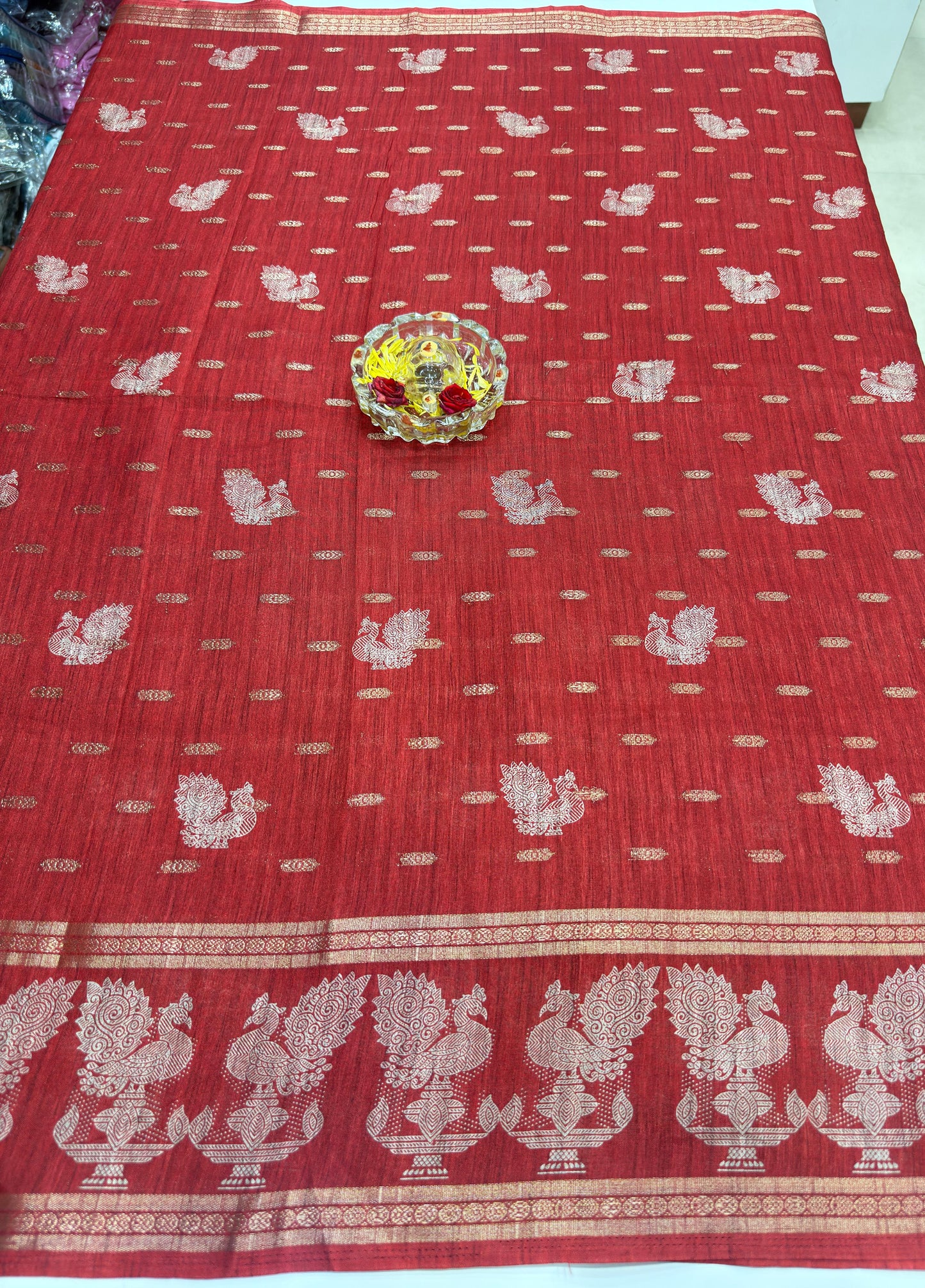 Silk Blend Saree for Women with Elephant Motifs and Traditional Woven Border