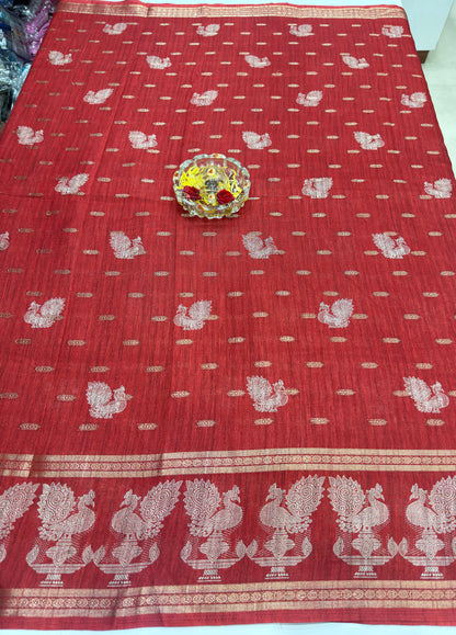 Silk Blend Saree for Women with Elephant Motifs and Traditional Woven Border