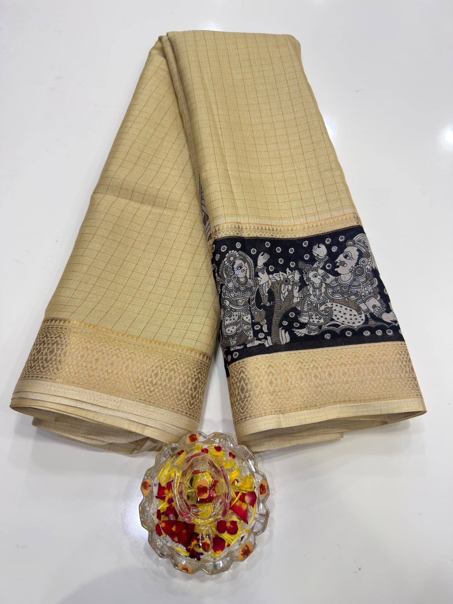 Semi Mysore Georgette Blend Saree for Women with Woven Border and Traditional Printed Design