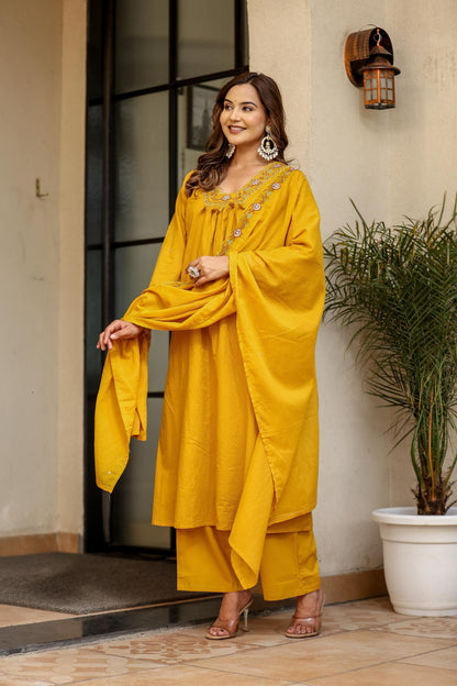 Women’s Mustard Salli Cotton Kurta Set with Embroidery and Dupatta – Sizes 38 to 46