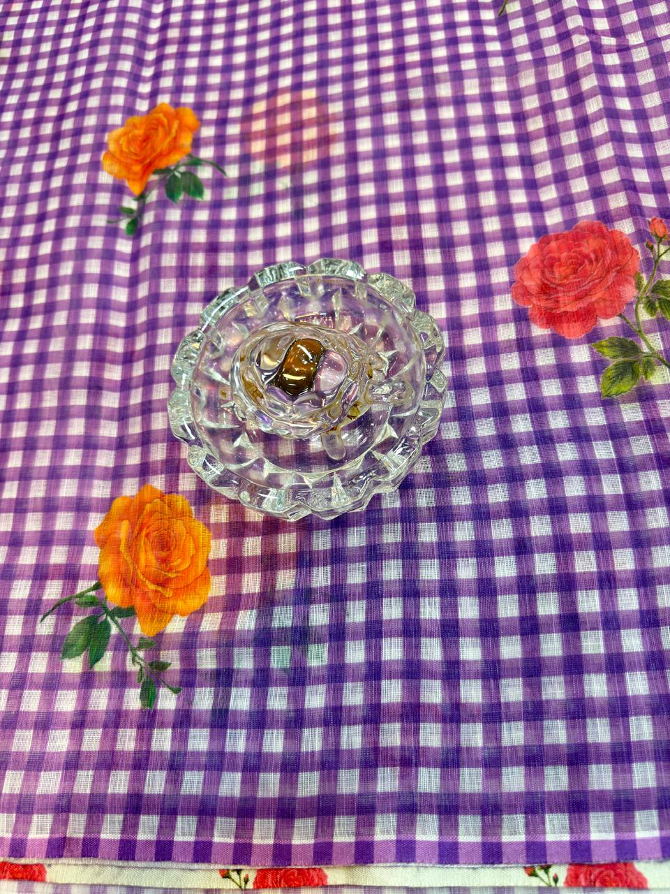 Linen Checks Printed Saree with Rose Floral Design and Matching Blouse for Women