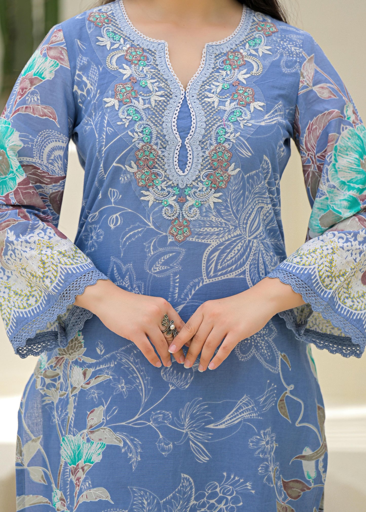 Women’s Pure Cotton Floral Kurta Set with Printed Dupatta – Breathable 3-Piece Set in M to 3XL