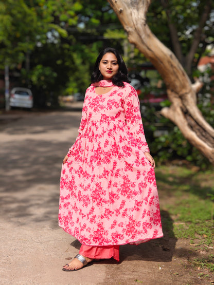 Floral Printed Georgette Kurta with Lace Hem, Flared Palazzo & Chiffon Dupatta