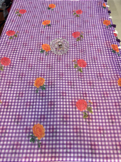 Linen Checks Printed Saree with Rose Floral Design and Matching Blouse for Women