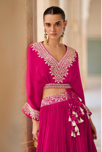 Real chinon embroidered lehenga set for women in rani pink with handwork & cancan