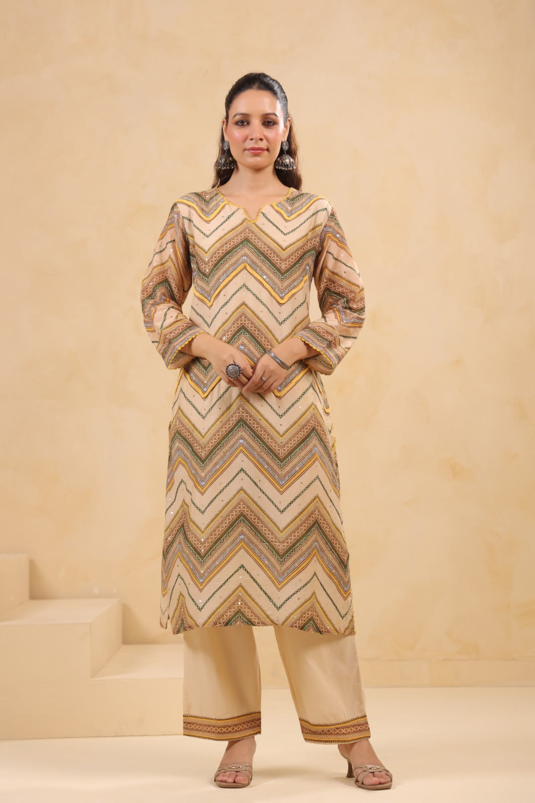 Mul Chanderi Kurti Pant Dupatta Set with Dori and Sequin Handwork for Women