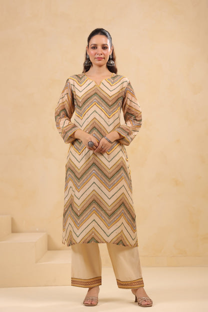 Mul Chanderi Kurti Pant Dupatta Set with Dori and Sequin Handwork for Women