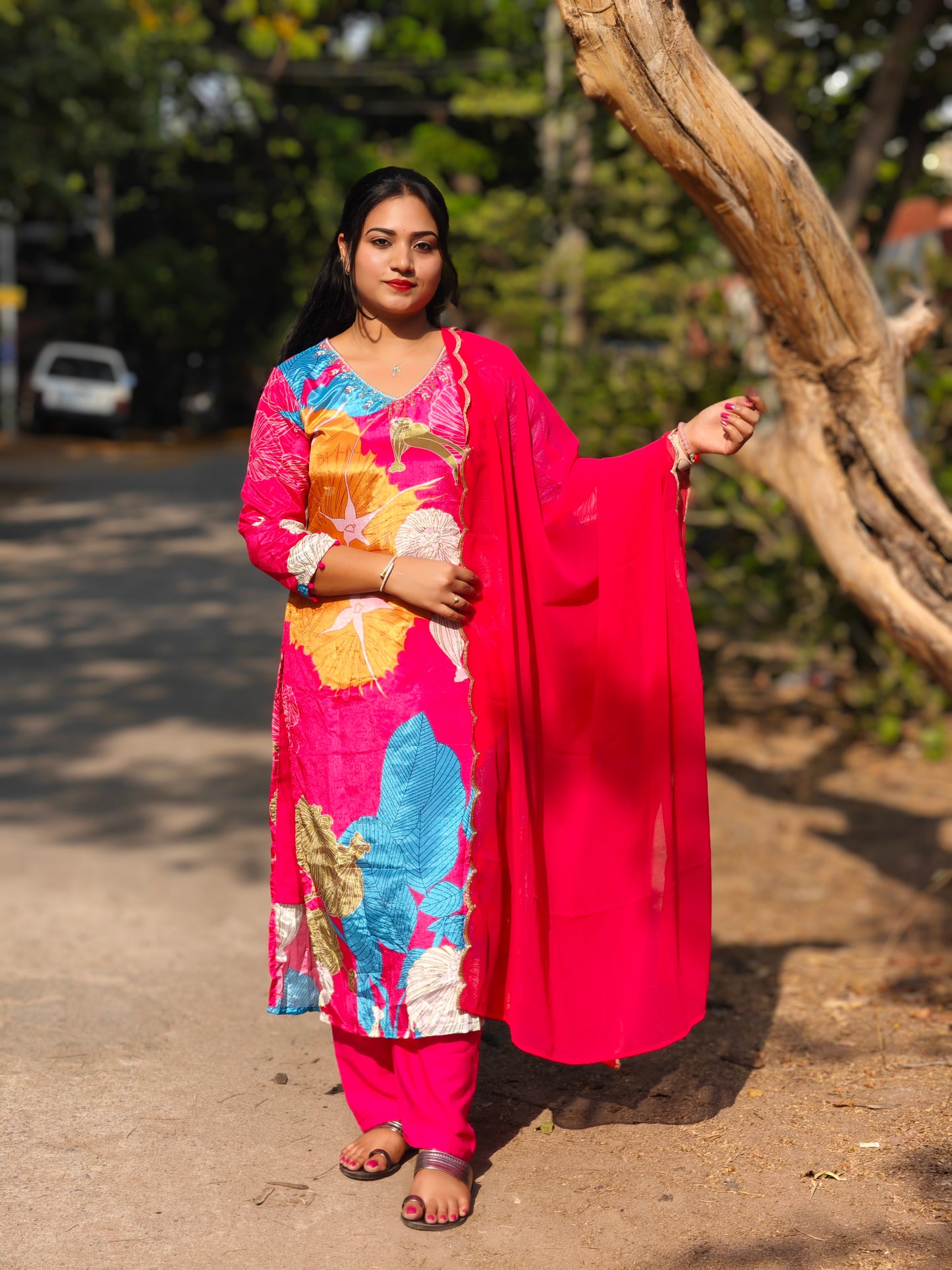 Pink Chinnon Alia Cut Kurta with Pant and Dupatta – Women’s Festive Suit Set (M to 2XL)