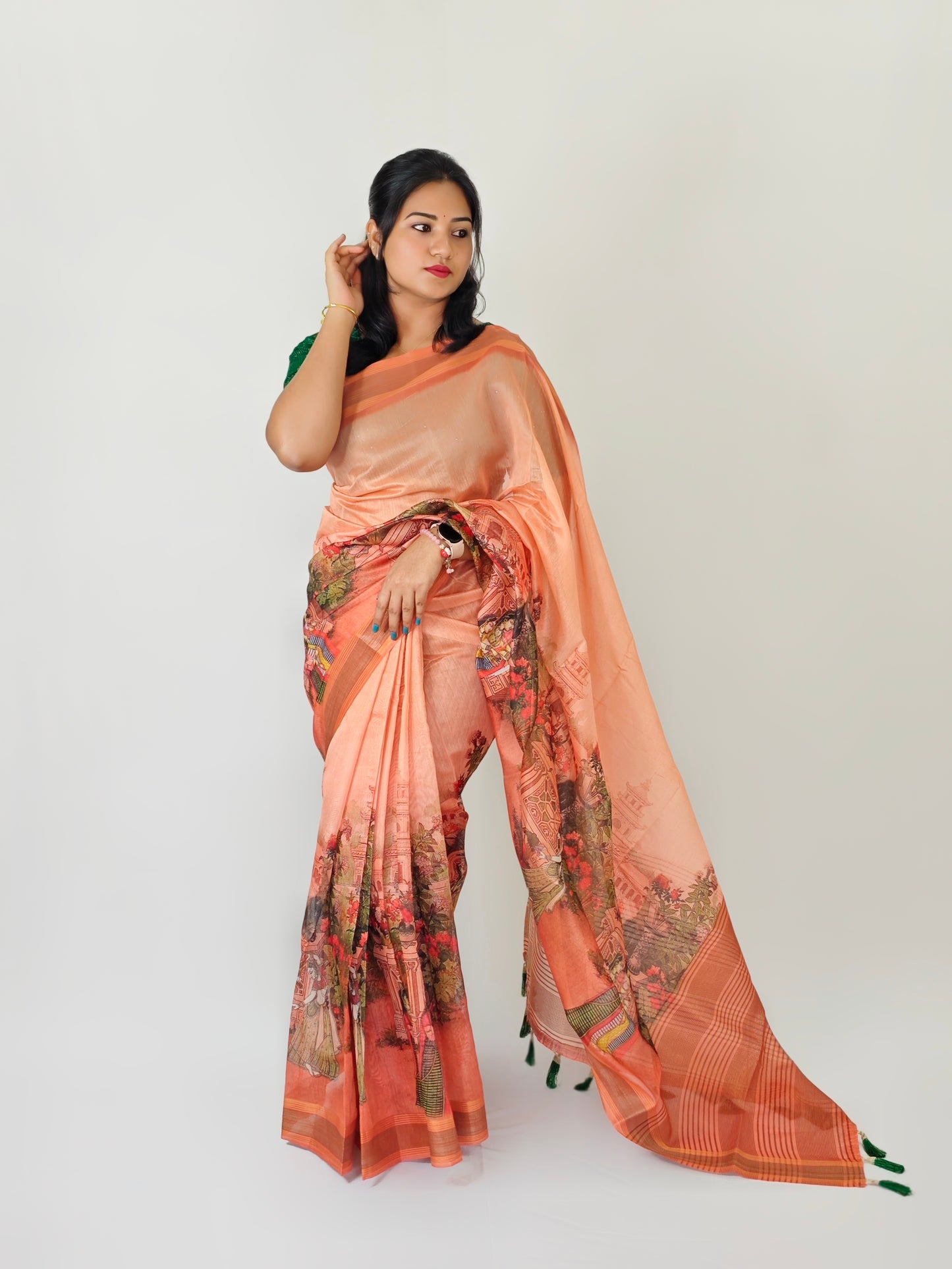 Semi Tussar Silk Saree with Kalamkari Print, Zari Weaving Border, and Contrast Blouse