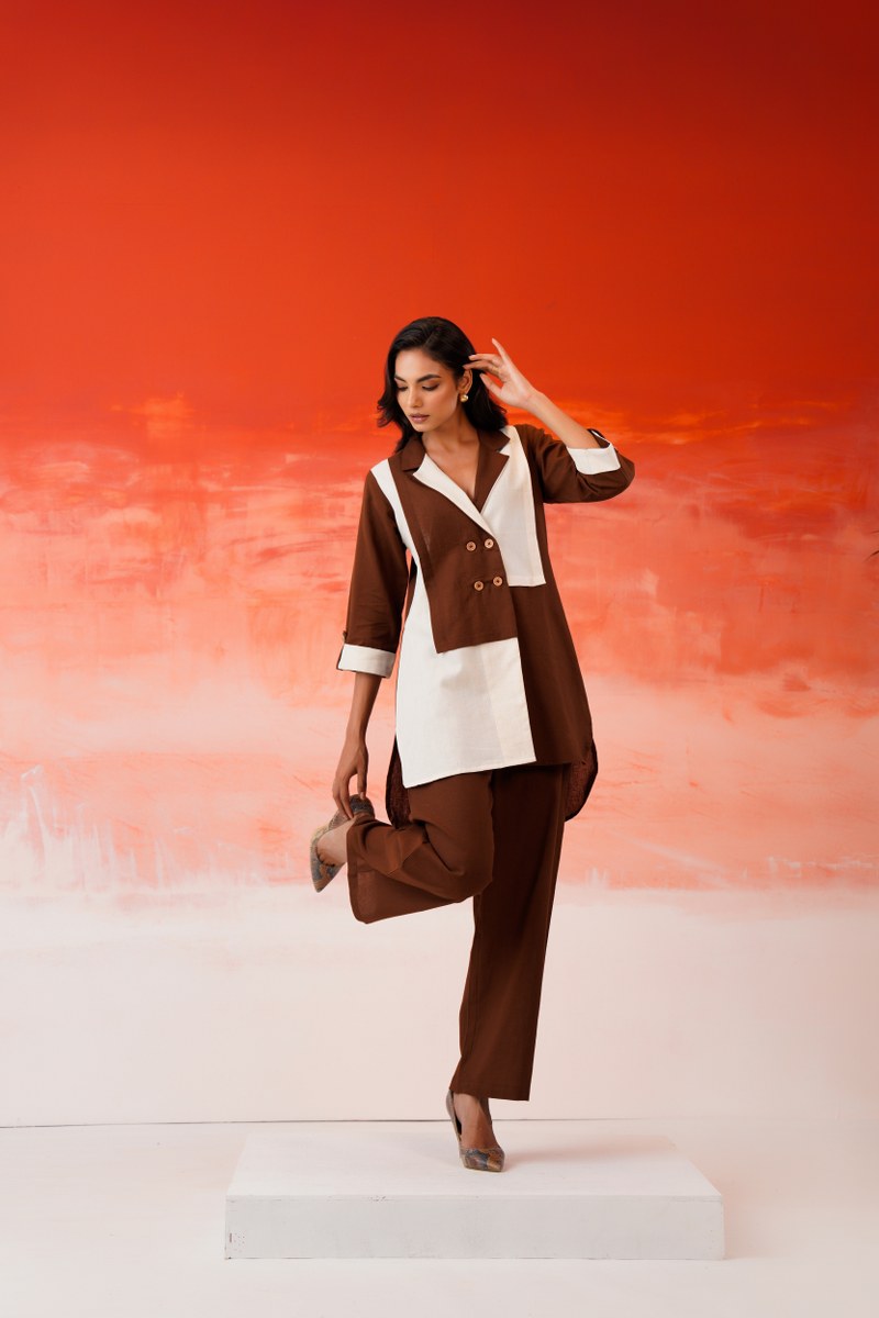 Cotton Co-ord Set for Women, Brown and Cream Colorblock Blazer Style Tunic Top with Pant, 2 Piece Set