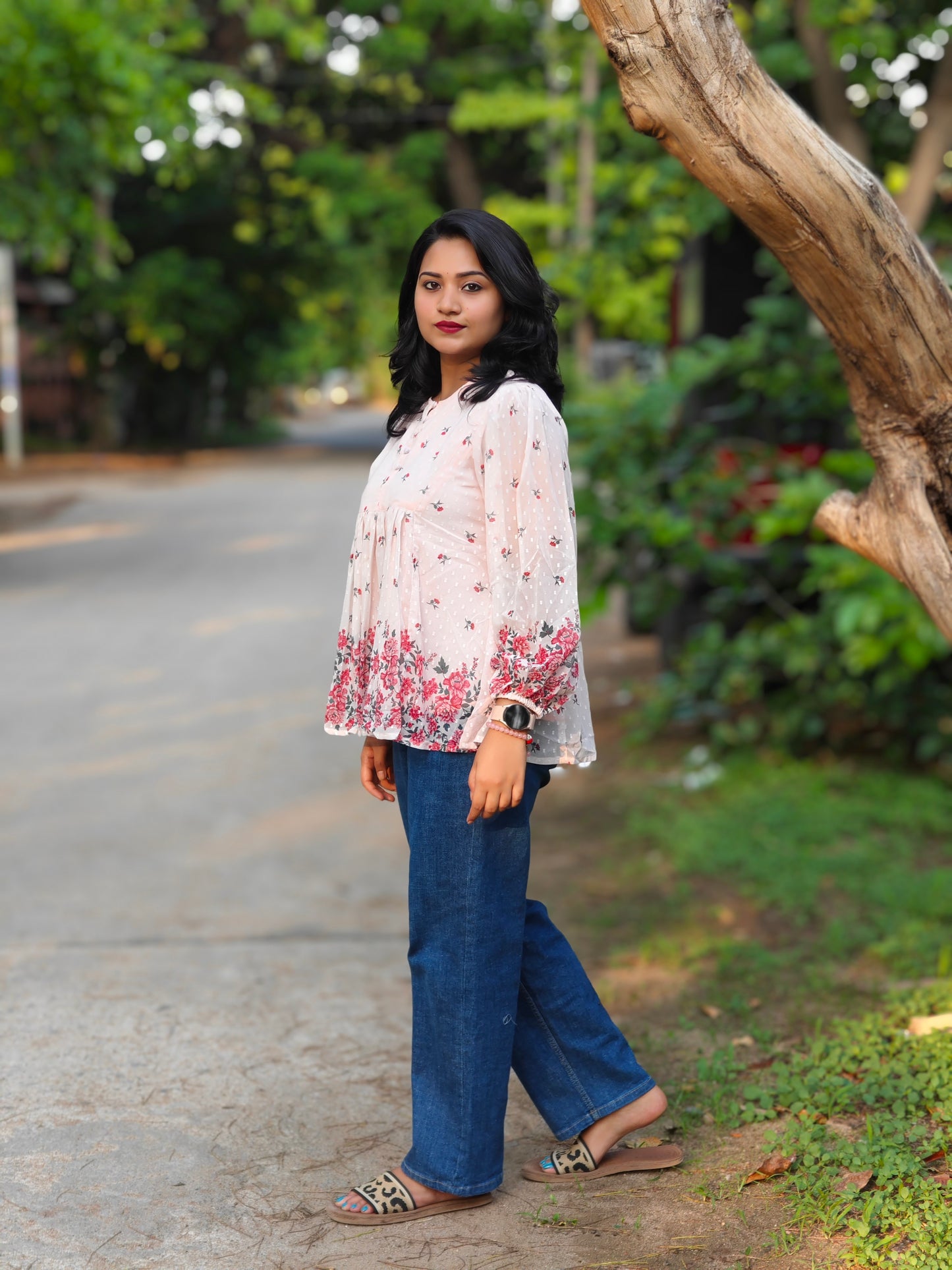 Peach Georgette Floral Printed Flared Top for Women – Sizes M to 3XL