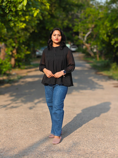 Black Dobby Chiffon Solid Empire Waist Top for Women – Sizes S to 2XL