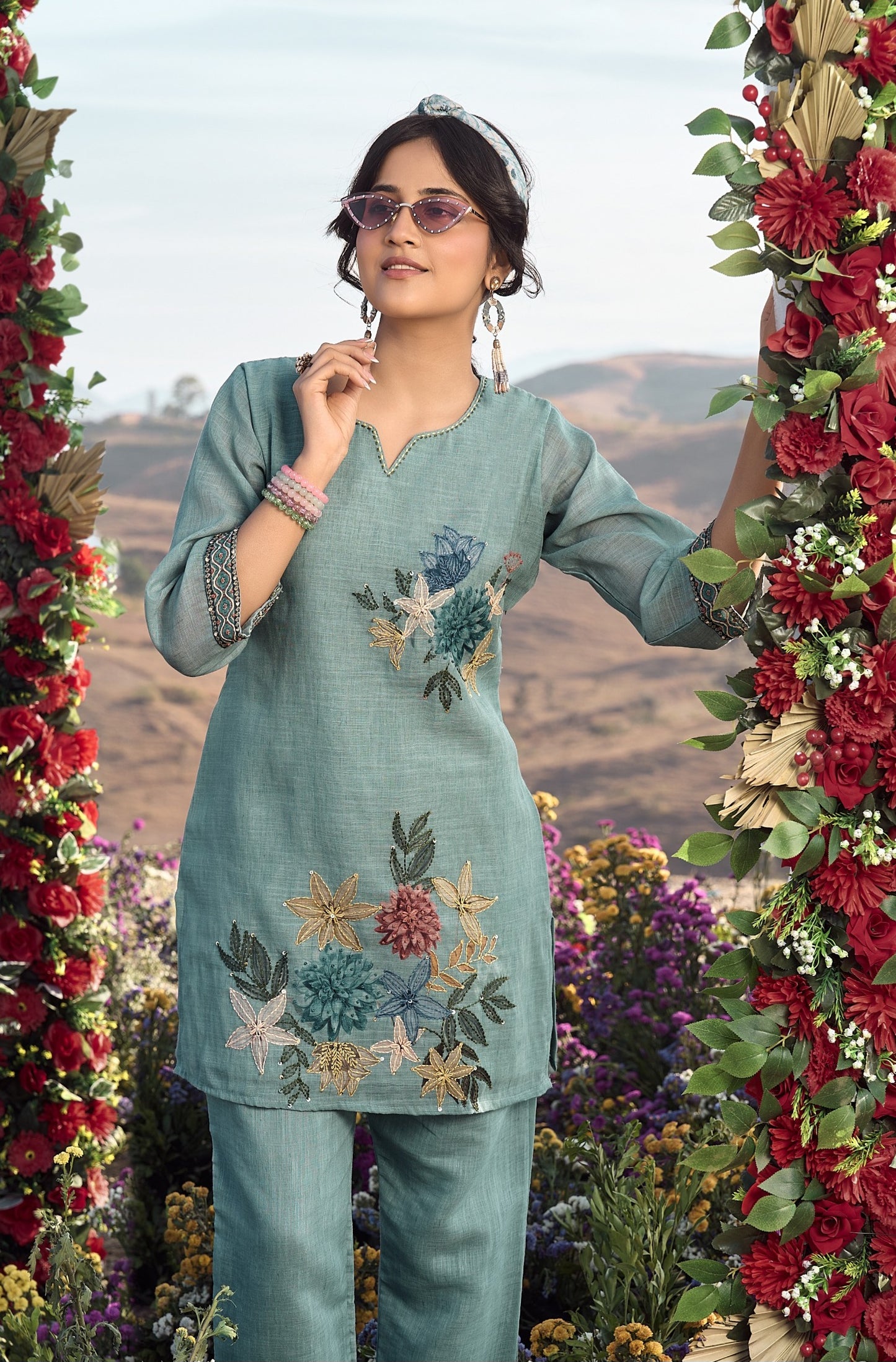 Linen Pure co ord set for women with cotton lining and knot work detailing, top and pant set L to 2XL