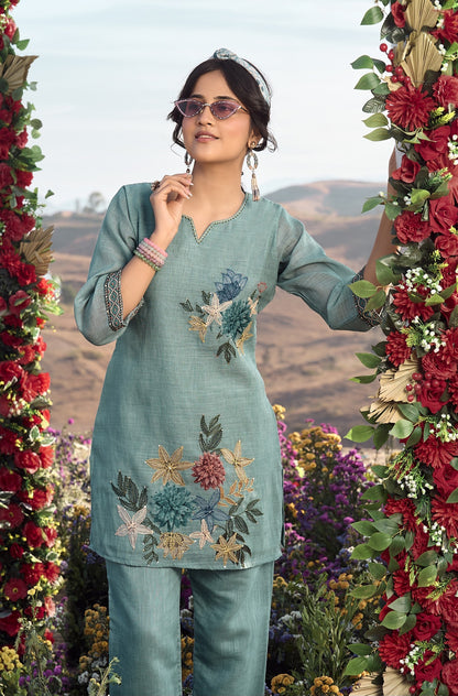 Linen Pure co ord set for women with cotton lining and knot work detailing, top and pant set L to 2XL