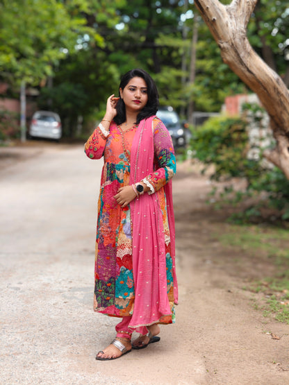 Chinnon Anarkali Kurta with Silk Afghani Pant and Chiffon Nazneen Dupatta – Women’s Sizes 36 to 44