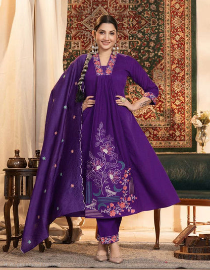 Mul Chanderi anarkali kurta set with cotton lining, Roman bottom and Chanderi dupatta, women’s festive 3 piece set XL–3XL