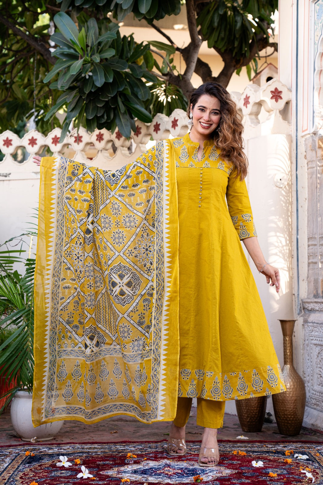 Cotton Printed Anarkali Suit Set with Embroidered Yoke and Dupatta – Mustard Yellow ( Size 40 & 46)