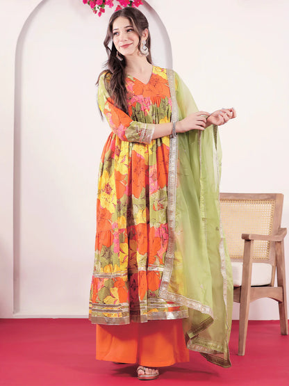 Multicolor Cotton Floral Printed Flared Kurta Palazzo Dupatta Set with Lace Detailing for Women