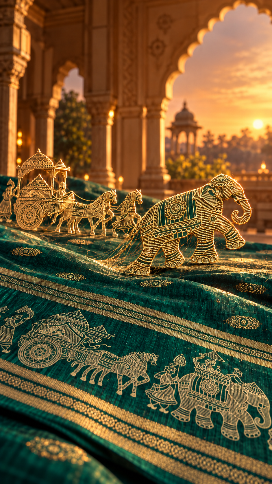 Wear History campaign illustration: elephant, horse and chariot motifs form an imagined golden-thread royal procession above the green saree. Creative visual; see original product photographs for exact garment details.