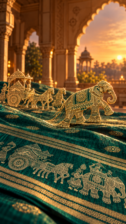 Wear History campaign illustration: elephant, horse and chariot motifs form an imagined golden-thread royal procession above the green saree. Creative visual; see original product photographs for exact garment details.